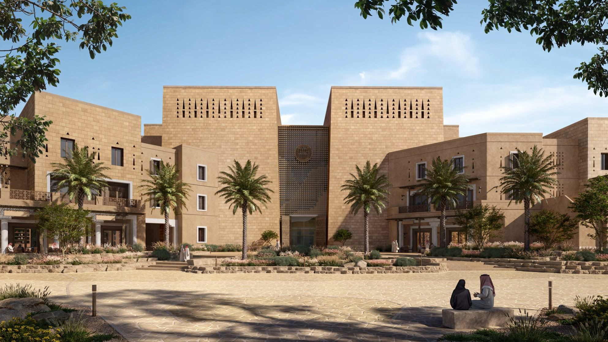 Diriyah Company Headquarters — stone façade & date palm courtyard
